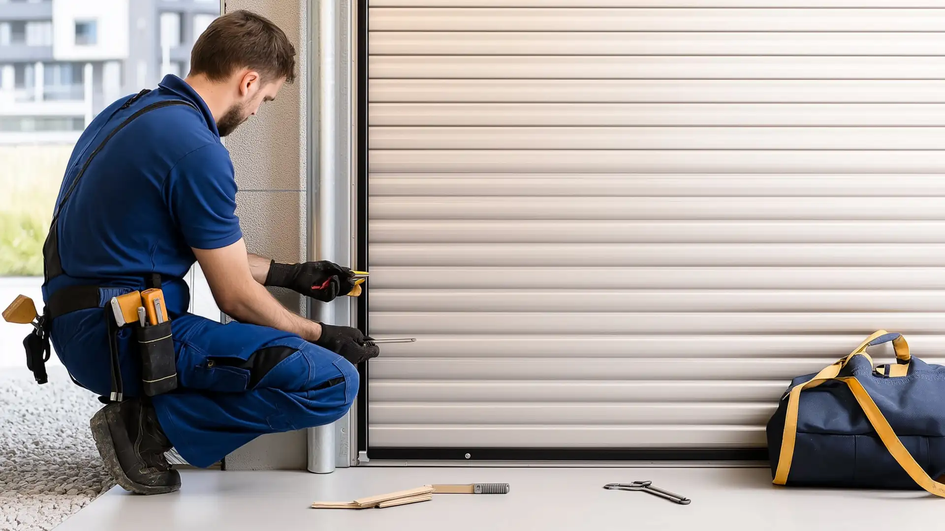 Garage door installer working on a residential door